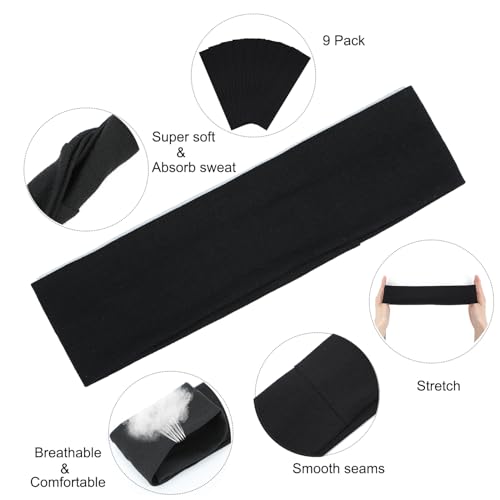 Image of 9Pcs Headbands for women Non Slip Headband, Soft Elastic Hair Bands for Women's Hair, Fashion Cotton Cloth Stretchy Sweat Bands Headbands for Sports, Makeup, Gym, Running, Yoga, Workout (Black)