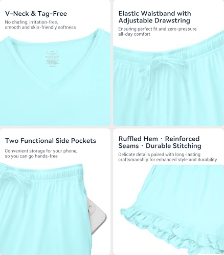 Image of WiWi Womens Pajamas Set Bamboo Viscose Super Soft Short Sleeve Top Ruffle Shorts Sleepwear Cooling Pj Sets S-XXL
