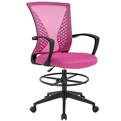 Drafting Chair Tall Office Chair Standing Desk Chair Adjustable Height With Arms Foot Rest Back Support Rolling Swivel Desk Chair Mesh Drafting Stool For Adults (Pink) #TOP7