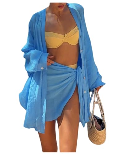 Verdusa Women's Swimsuit Coverup 2 Piece Summer Outfits Oversized Button