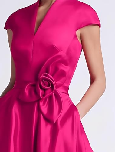 KDTM Tea Length Mother of The Bride Dresses Cap Sleeve Satin 3D Flower Formal Dress for Women KDSQ033
