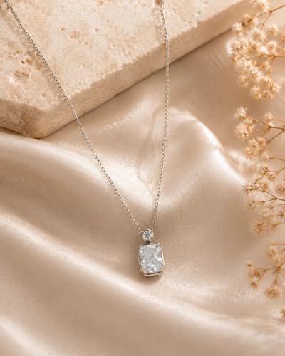 Image of Impression White 925 Sterling Silver Rhodium Necklace for Women | Emerald-Cut Clear AAA Cubic Zirconia Pendant with Round CZ Accent Chain | Anniversary Birthday Jewelry Gift for Girlfriend, Sister, Wife