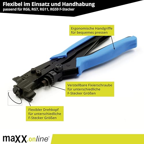 maxx.onLine F Stecker 20 STK. & Kompressionszange, Antennenstecker Koaxialkabel, Kompressionsstecker, Sat Stecker für innen & außen, Koax Stecker