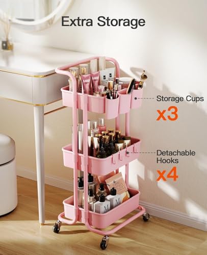 Image of Pipishell 3 Tier Rolling Cart with Wheels - Craft Storage Cart with 3 Hanging Cups & 4 Hooks - Mobile Art Carts Organizer for Office, Kitchen, Craft Room, Bedroom, Bathroom, Laundry Room (Pink)
