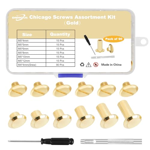 90Sets Chicago Screws Leather Rivets Assorted Screw Rivet M5 Chicago Leather Screw for Decoration and DIY Leather Craft Belt Bag Shoes Purse Bookbinding?M5*4,5,6,8,10,12? (Gold)