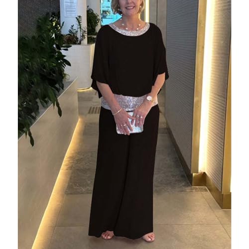 ZOCANIA Sequin Color Block 2 Piece Dresses Formal Pantsuit Women Crewneck Wedding Guest Pant Suits Cocktail Pantsuits2