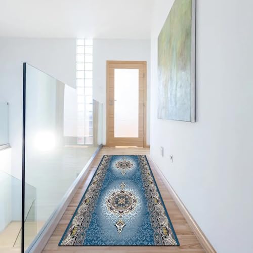 Alfombra de pasillo lavable azul estilo vintage y antideslizante 6