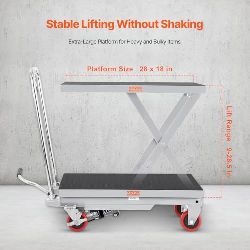 Image of VEVOR Hydraulic Lift Table Cart, 500 lbs Load Capacity, 28.5-Inch Lifting Height, Manual Single Scissor Lift Table with 4 Wheels and Non-Slip Pad, Gray, Alloy Steel