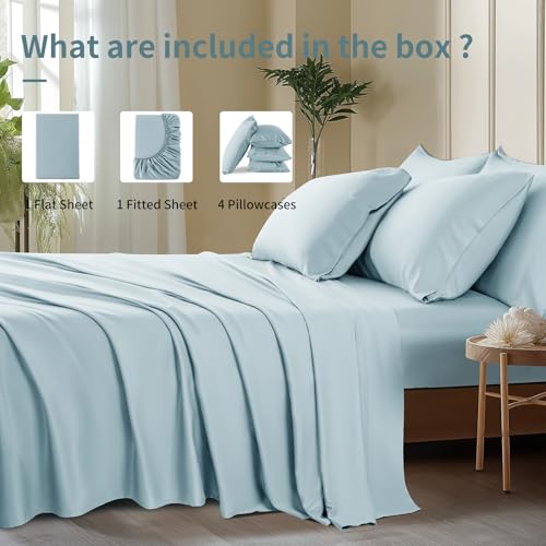 Image of Shilucheng 6 Piece King Sheet Sets, Cooling Sheets, Blend Rayon Derived from Bamboo, Deep Pocket Up to 16 inch, Breathable & Soft Bed Sheets, Hotel Silky Bedding Set, Spa Blue