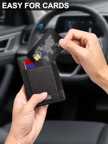 Image of Contacts Slim Leather Bifold for Men | RFID Blocking Card Holder with ID Window | Holds 13-17 Cards, Large Cash Slot | Thin Minimalist Front Pocket Design | Gift for Men (Black)