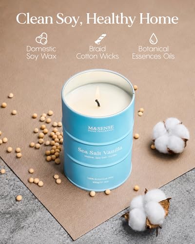 Image of M&SENSE Sea Salt Vanilla Scented Candles Large Beach Candle, Natural Soy Summer Candles 21.2oz 120 Hour Slow Burning,Aromatherapy Candle for Stress Relief Meditation Relaxing