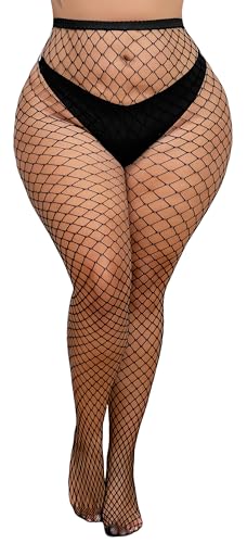 Henwarry Women's Plus Size Mesh Fishnet Stockings Thigh High Waist Black Wide Tights for Weight 100-290 Lbs