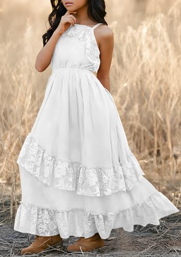 Mitilly Girls Boho Lace Flower Dresses Square Neck Sleeveless Ruffle Tiered Flowy Party Maxi Dress With Pockets 12 Years White thumb #1