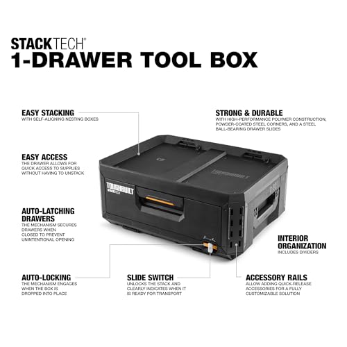 Image of ToughBuilt StackTech 1 Drawer Tool Box, Heavy-Duty Portable Tools Chest, 50 lb Capacity - Stackable Toolbox Storage Organizer with 8 Dividers, Auto-Latching Drawers and Accessory Rails