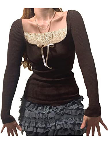 Women's Long Sleeve Knitted Y2K Tops Lace Patchwork Tees Teen Girls Vintage Slim Blouse Fall Clothes4