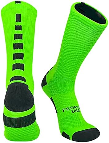 Pearsox Bolt Basketball Football Volleyball Crew Socks - Neon Green, Black (M), Medium (PBOLT-NGB-M)