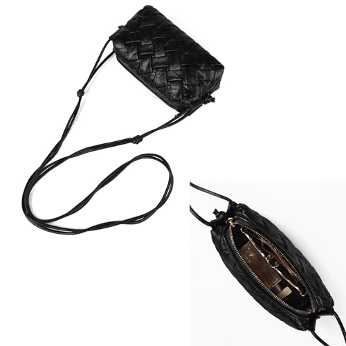 Image of Woven Crossbody bags for women Vegan Leather Handbags Female Satchel Messenger Bag Fashion Shoulder Small Bag Casual Hobo (BLACK)