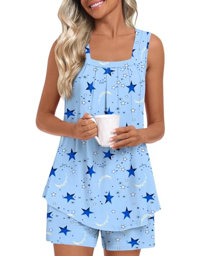 Image of LONGYUAN Womens Sleeveless Pajama Set Soft Summer Lounge Shorts Tank Top Sleepwear with Pockets 2 Piece Set M-3XL