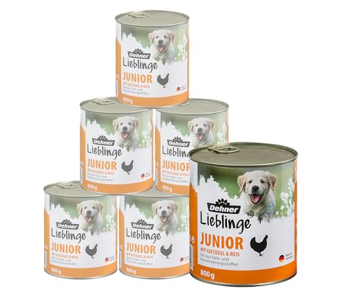 Dehner Cibo per Cani, Cibo Umido Ricco di vitamine, per Cuccioli e Cani Giovani, pollame/Riso, 6 barattoli da 800 g (4,8 kg)