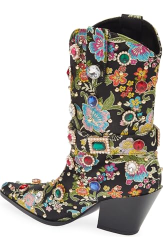 Western Cowboy Boots For Women Flower Embroidered Rhinestone Mid Calf Pointed Toe Chunky Heel Cowgirl Boots4