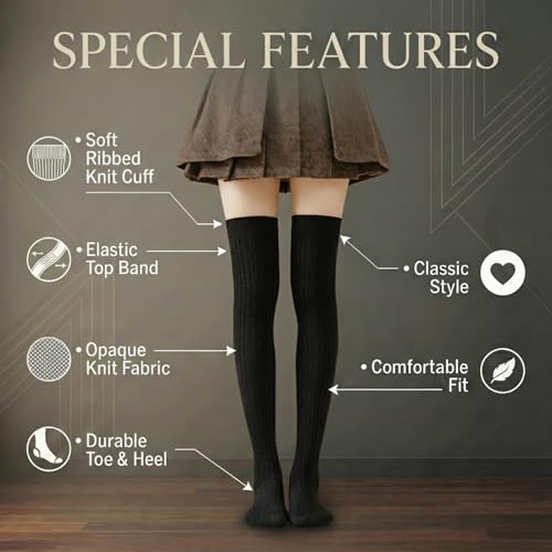 Image of Kraptick Women's Ribbed Thigh High Socks - Soft Stretchable Knit Over the Knee Socks for Winter, Casual & Layered Wear