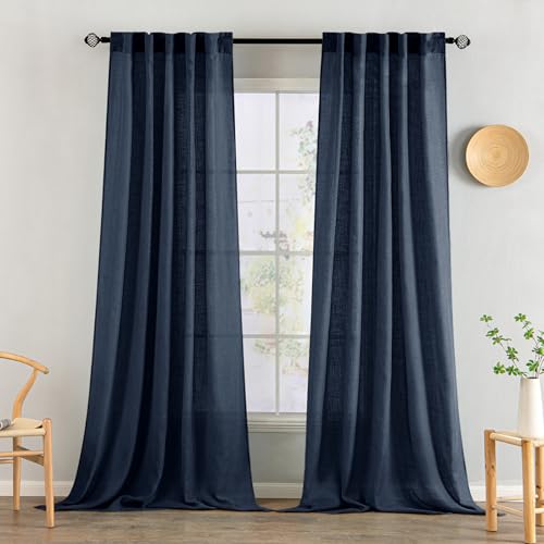 MIULEE Navy Blue Linen Curtains 90 Inch Length 2 Panels for Bedroom Living Room, Soft Thick Linen Textured Natural Window Drapes Semi Sheer Light Filtering Back Tab Rod Pocket Burlap Look Decor