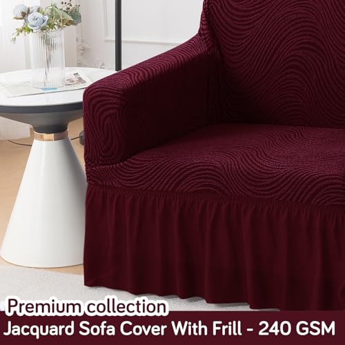 Image of HOKIPO 240 GSM Premium Jacquard Fully Covered Stretchable Sofa Cover for 1 Seater, 'Serene Wave Series' Wine (AR-6352-WINE)