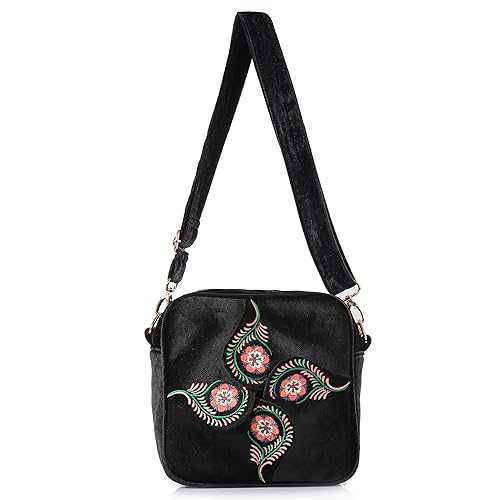 SILKAREA Crossbody Purse for Women Small Crossbody Bags Trendy Embroidered Velvet Shoulder Handbags with Adjustable Strap