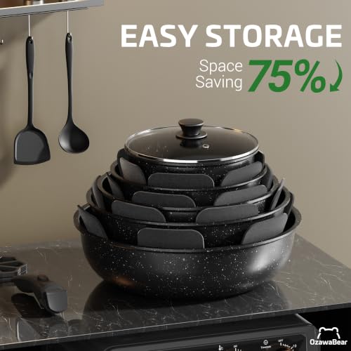 Image of 18 Pcs Pots and Pans Set Non Stick, Ceramic Cookware Set Non Toxic with Detachable Handles, Healthy Induction Cookware Oven Safe RV Kitchen Set, PFAS PFOA & PTFE Free, Black