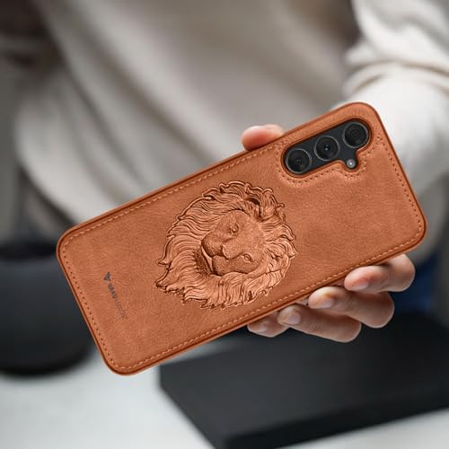 Image of Vaku Luxos Lion Embossed Back Cover Case for Samsung Galaxy S23 FE Premium Leather Stitched Soft Shockproof Protective TPU Phone Case Camera Screen Protector- Brown
