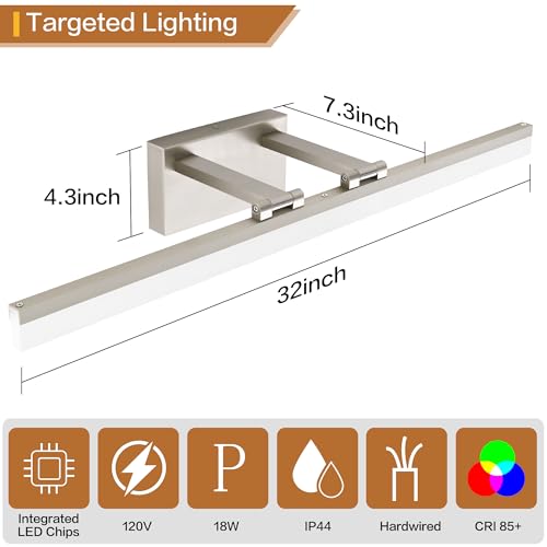 Image of SOLFART Bathroom Lights Over Mirror: 32 Inch Bathroom Vanity Light- Brushed Nickel 6000K LED Hardwired Install Adjustable 180 Degree Bar IP44 Damp Rated ETL Certified