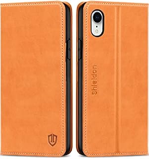SHIELDON Case for iPhone XR, Genuine Leather Wallet Case with[RFID Blocking][Viewing Stand][TPU Shell][Card Slots] Folio Case Compatible with iPhone XR (6.1 inches), Brown