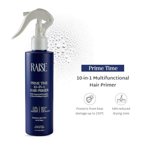 Image of Raise Prime Time 10-in-1 Hair Primer | Heat Protectant Spray with Argan Oil | Frizz Control, Shine & Smoothness | Cuts Drying Time by 54% | SLS & Paraben Free Leave-In Hair Treatment | 200 ml