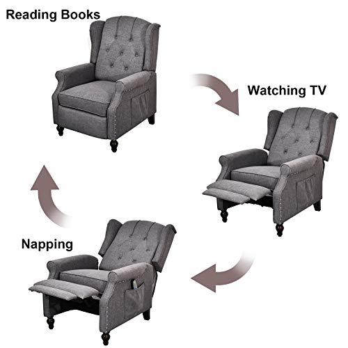Vuyuyu Recliner Chair, Accent Living Room Chairs With Massage And Heating, Comfy Tufted Upholstered Wingback Reading Chair Sofa, Mid-Century Modern Club Armchair, Linen/Wooden Legs (Gray) #TOP2