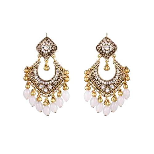 Boucles d'Oreilles Jhumka Indiennes Pour Femme Or Plaqué Lustre Vintage Avec Cz Et Perles Style Bohème Chic Pour Mariage Festival Longues Pendantes à Franges Bijou De Cérémonie Élégant (Blanc)