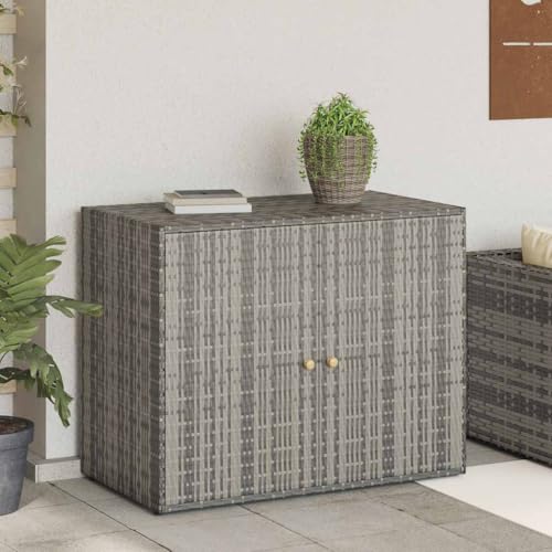 Bucmath Armario de jardín gris 100 x 55,5 x 80 cm, armario de almacenamiento exterior de ratán poli con marco de acero resistente, resistente al agua para jardín, terraza y balcón, mucho espacio de