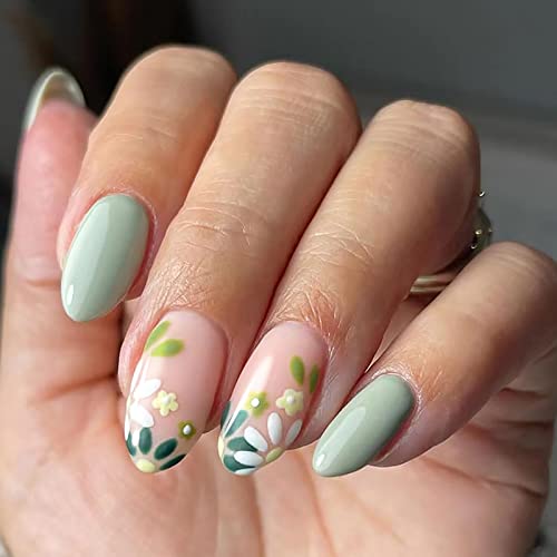 Ezpieces French Tip Press on Nails Short with Flower Dsigns, Green Floral Fake Nails Medium Almond Shaped with Nail Glue, Acrylic Glue on Nails for Women/Daily/Party, 24PCS/Set(Mint Flower)