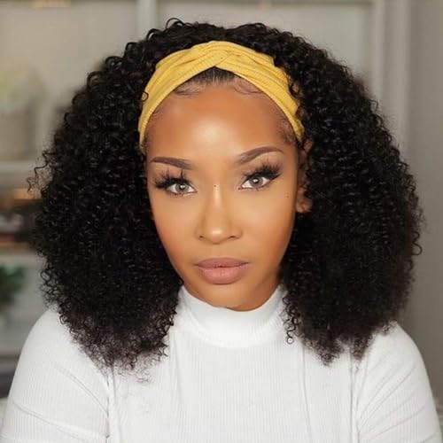 Image of Celiarita Headband Wig Kinky Curly Human Hair Wig for Black Women Real Human Hair None Lace Front Wigs Machine Made Wigs Glueless Brazilian Headband Half Wig Human Hair Kinky Curly 14 Inch