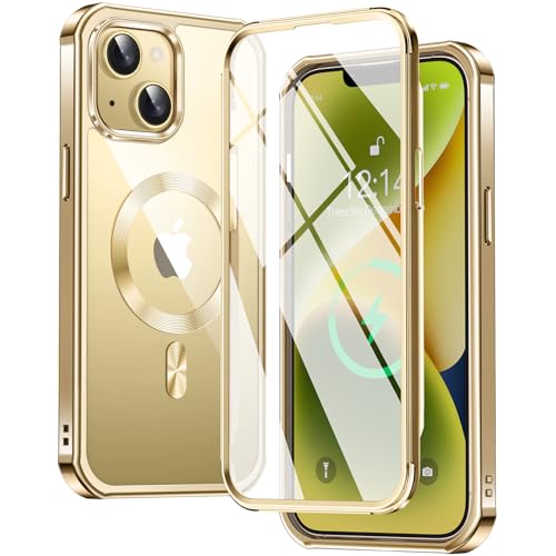 【両面保護・MagSafe対応】FONKCASE iPhone14 用 ケース ストラップホール付き【本体の色・CDリング】メッキバンパー クリア PC背面 黄変防止 アイホン14ケース 全面保護 カバー 耐衝撃 タッチ感度良い ワイヤレス充電対応 人気 アイフォン14 用 カバー 6.1インチ(ゴールド)