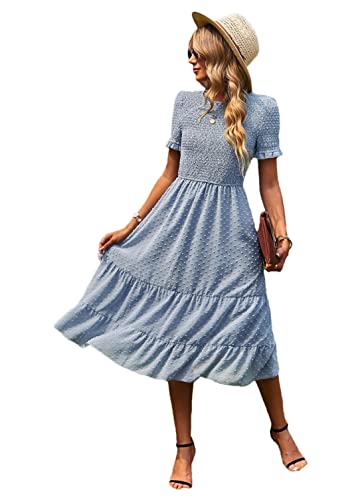 Robe d'été bleu XL | Robe midi de vacances fluide pour femme à volants