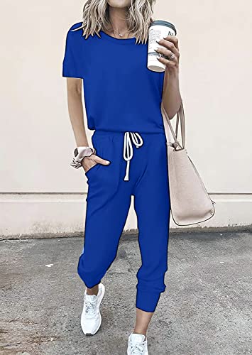 Image of PRETTYGARDEN Women Summer Two Piece Outfits Striped Short Sleeve Pullover and Long Pants Tracksuit Travel Pajama Lounge Set