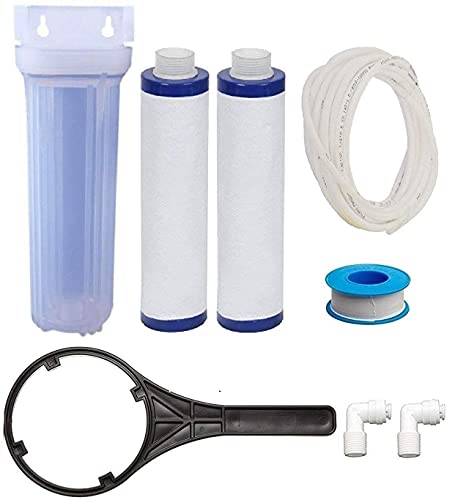 Image of AQUANERO+10 inch RO Service Kit Crystal Clear Transparent Pre Filter Housing with 2 pieces 9 inch MLT Carbon Candle (2 Meter 1 /4 Pipe, 2 connectors Included) for all types of RO UV /UF
