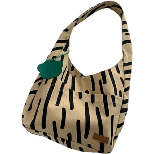 HGYEDA Zebra Stripe Canvas Tote Shoulder Bag Large Capacity with Cute Cloud Charm with pins and Accessories, Khaki