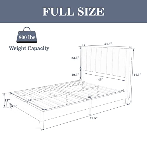 Image of Allewie Full Bed Frame /Velvet Upholstered Bed Frame with Vertical Channel Tufted Headboard /Strong Wooden Slats /Platform Bed Frame /Mattress Foundation /Box Spring Optional /Easy Assembly /Green