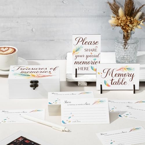 Image of Gilprop 112 Pcs Celebration of Life Memory Cards Set Share a Memory Cards with Box 2 Wood Sign with 4 Hold and 5 Pens, Sympathy Memorial Gifts Funeral Keepsake Decorations(Feather)