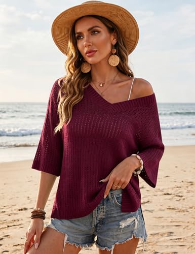 Image of Rapbin Women's Crochet V Neck Beach Cover Up 3 /4 Sleeve Hollow Out Knitted Pullover Sweater