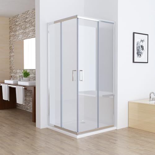 MIQU Duschkabine Eckeinstieg 90x90 cm Duschwand mit Doppel Schiebetür rollen, 5mm ESG Sicherheitsglas, Schiebetüren Glas komplett Dusche Chrom Duschabtrennung Höhe 185cm, ohne Duschtasse