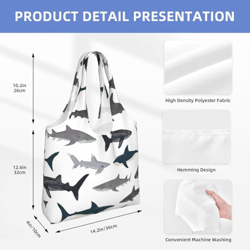 Sharks Nautical Print Aesthetic Canvas Tote Bag - Reusable Shoulder Tote Bag For Women Lady Casual Vacation, Shopping, Work, Gym4