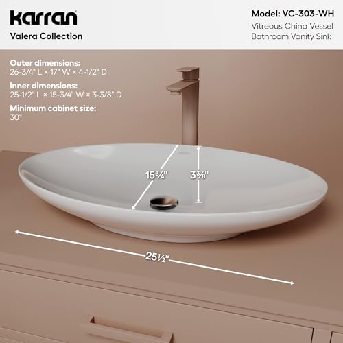 Karran Valera 27" Large Oval Vessel Bathroom Sink – Above Counter Vitreous China Ceramic Vanity Basin, Modern Double Faucet Sink VC-303-WH by Karran - Used condition - Image 2