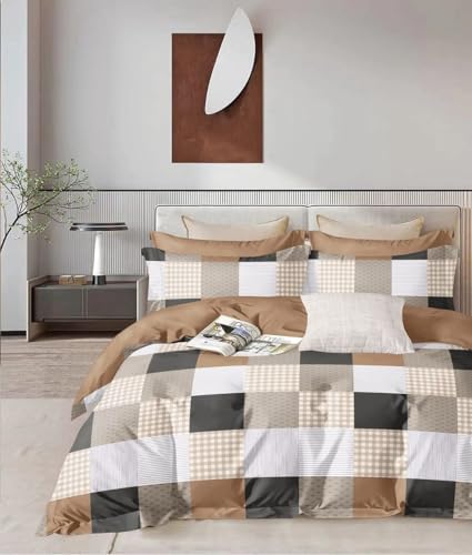 Image of 300 TC Premium Cotton Single Bed Duvet Cover with Zipper |King Size Reversible Rajai Cover for Comforters|Dohars|Blanket|Warm Stuff|90x60 Inches|Multi Beige Blocks|ASS69